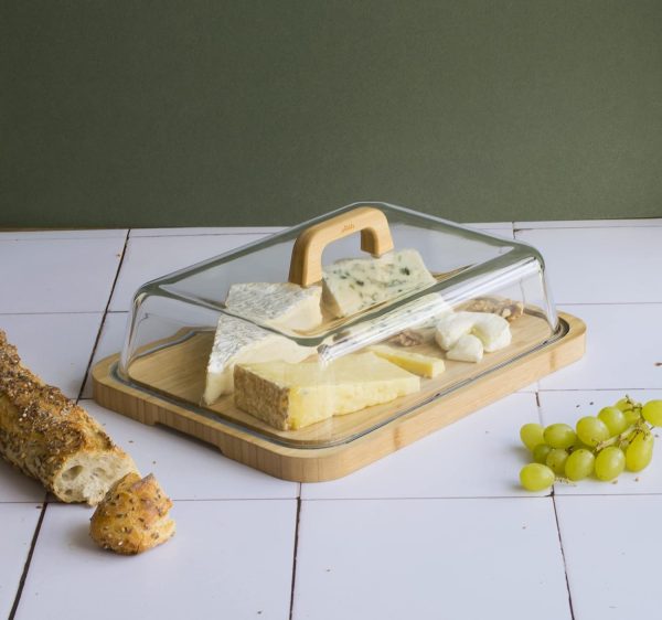 Pebbly - Store & Serve Glass Cheese Box With Bamboo Platter Online Hot Sale